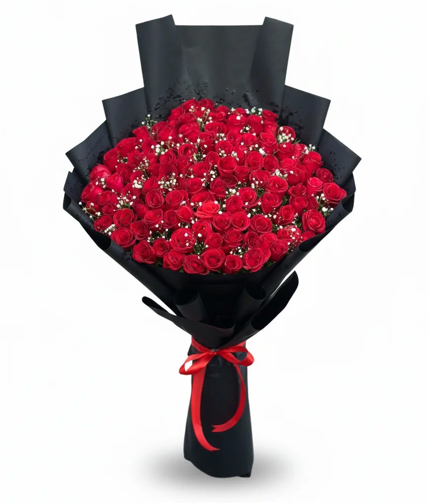 230-red-roses-bouquet-with-white-babys-breath-black-wrap