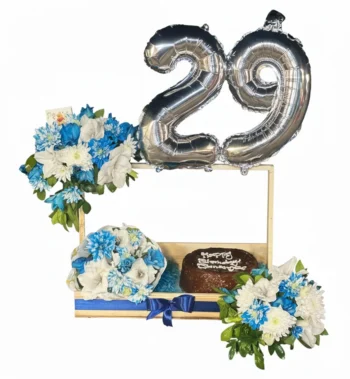 Blue & White Flowers Gift Basket with Birthday Cake and Balloons
