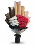 Red Roses & White Carnations Bouquet – Elegant Black & White Wrapping