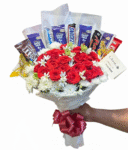 Red Roses & White Flowers Bouquet with Chocolates and Beautiful Butterfly