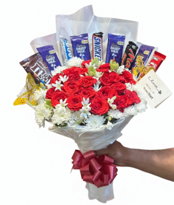 Red Roses & White Flowers Bouquet with Chocolates and Beautiful Butterfly