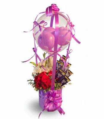 Red Roses & White Gladiolus Gift Basket with Balloons and Chocolates
