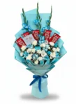 Purple Roses & Flowers Bouquet with KitKat Chocolates – Sky Blue Wrapping