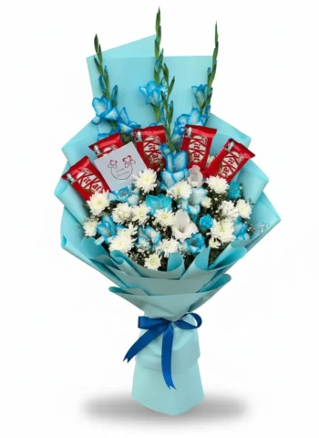 Purple Roses & Flowers Bouquet with KitKat Chocolates – Sky Blue Wrapping
