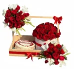 Red Roses Gift Basket with Red Velvet Cake and Floral Arrangement