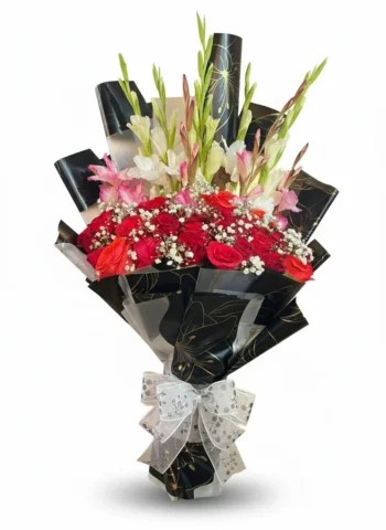 Red Roses Bouquet with Baby’s Breath and Green-Red Gladiolus