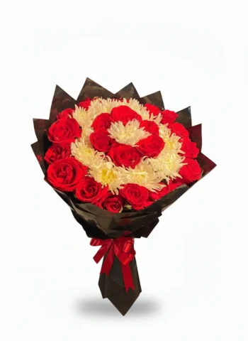 Red Roses & White Chrysanthemums Bouquet – Elegant Fresh Flowers