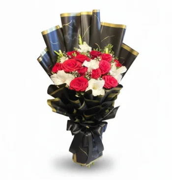 Red Roses & White Gladiolus Bouquet – Elegant Black Wrapping