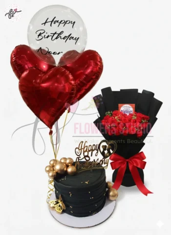 Birthday & Anniversary Gift Combo with Red Roses, Cake and Balloons