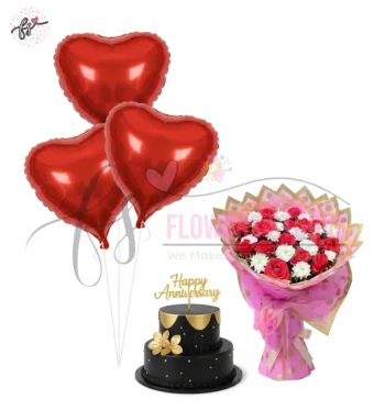 Birthday Special Flowers and Cake Combo with Red Roses and Balloons