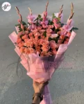 romantic-pink-roses-glads-bouquet-pink-wrapping-faisalabad