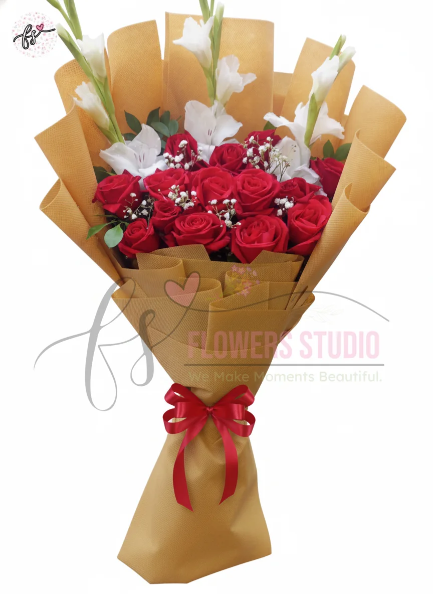 fresh-red-roses-white-glads-bouquet-babys-breath-faisalabad Blushing Red Roses and White Glads Bouquet Faisalabad – Elegant Mixed Flowers
