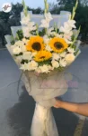 sunflowers-white-roses-white-gladiolus-bouquet-golden-border-wrapping-faisalabad