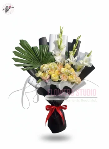Fresh White Flower Bouquet Gladiolus Black White Wrap Faisalabad – Elegant Flowers