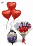 Chocolate Gift Combo with Red Roses, White Flowers and Heart Balloons
