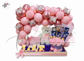 Pink Baloons Basket with Flowers, Chocolates, Cake and Teddy
