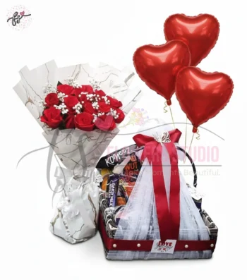 Flowers and Snacks Gift Combo with Red Roses, Chocolates and Balloons