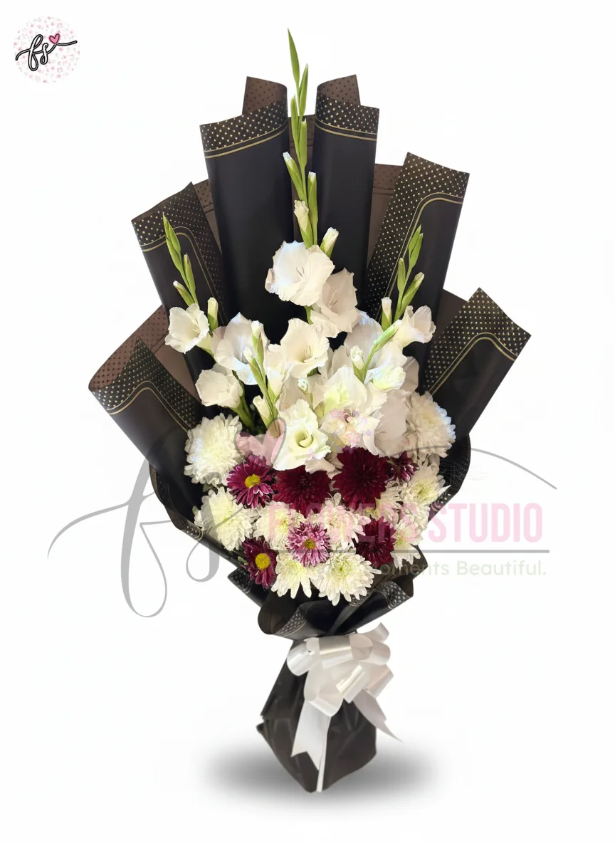 imported-black-wrapping-white-gladiolus-purple-craze-bouquet Imported Black Wrapping White Gladiolus Purple Craze Bouquet