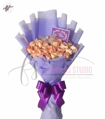 Pink Roses Bouquet Purple Wrapping