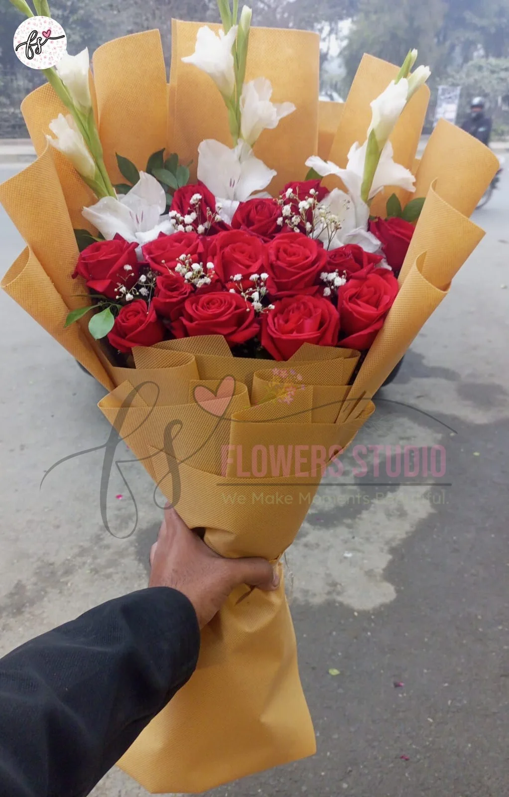 premium-mixed-flower-bouquet-red-roses-gladiolus-yellow-wrap-faisalabad Blushing Red Roses and White Glads Bouquet Faisalabad – Elegant Mixed Flowers