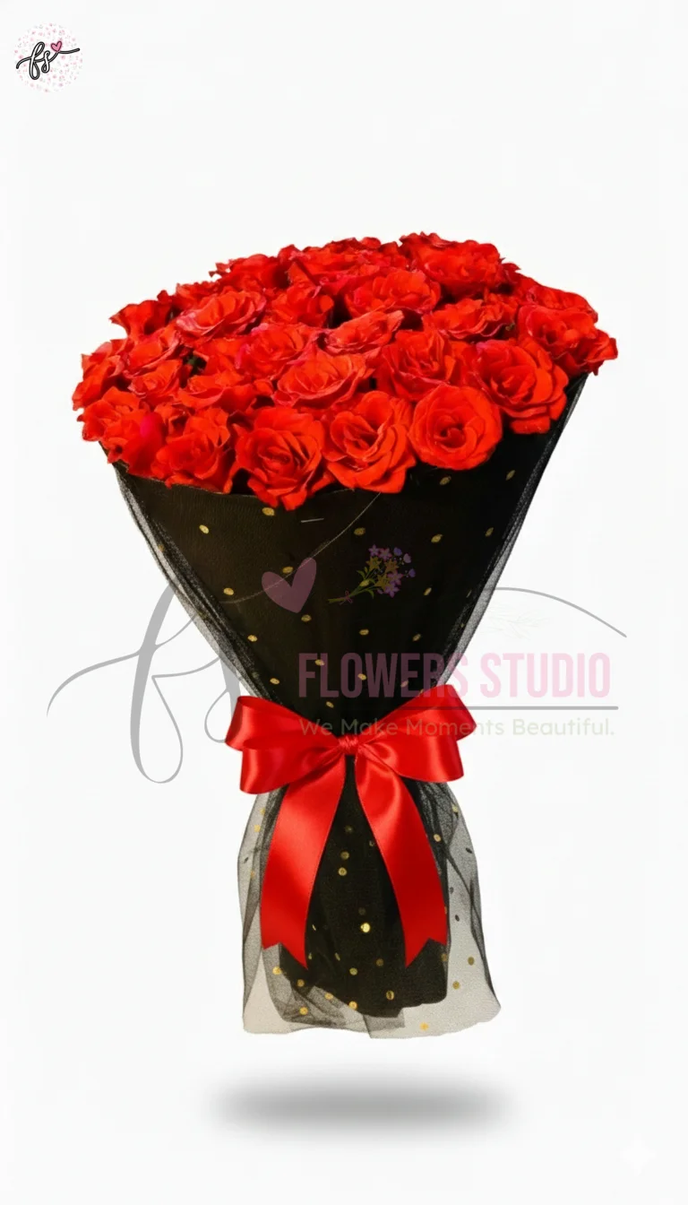 premium-red-roses-circle-bouquet-black-net-golden-dots-faisalabad Premium Red Roses Circle Bouquet