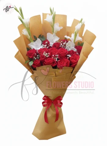 Blushing Red Roses and White Glads Bouquet Faisalabad – Elegant Mixed Flowers