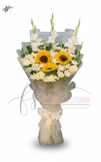 Sunflowers and White Roses Mixed Bouquet with Golden Wrap Faisalabad – Premium Flowers