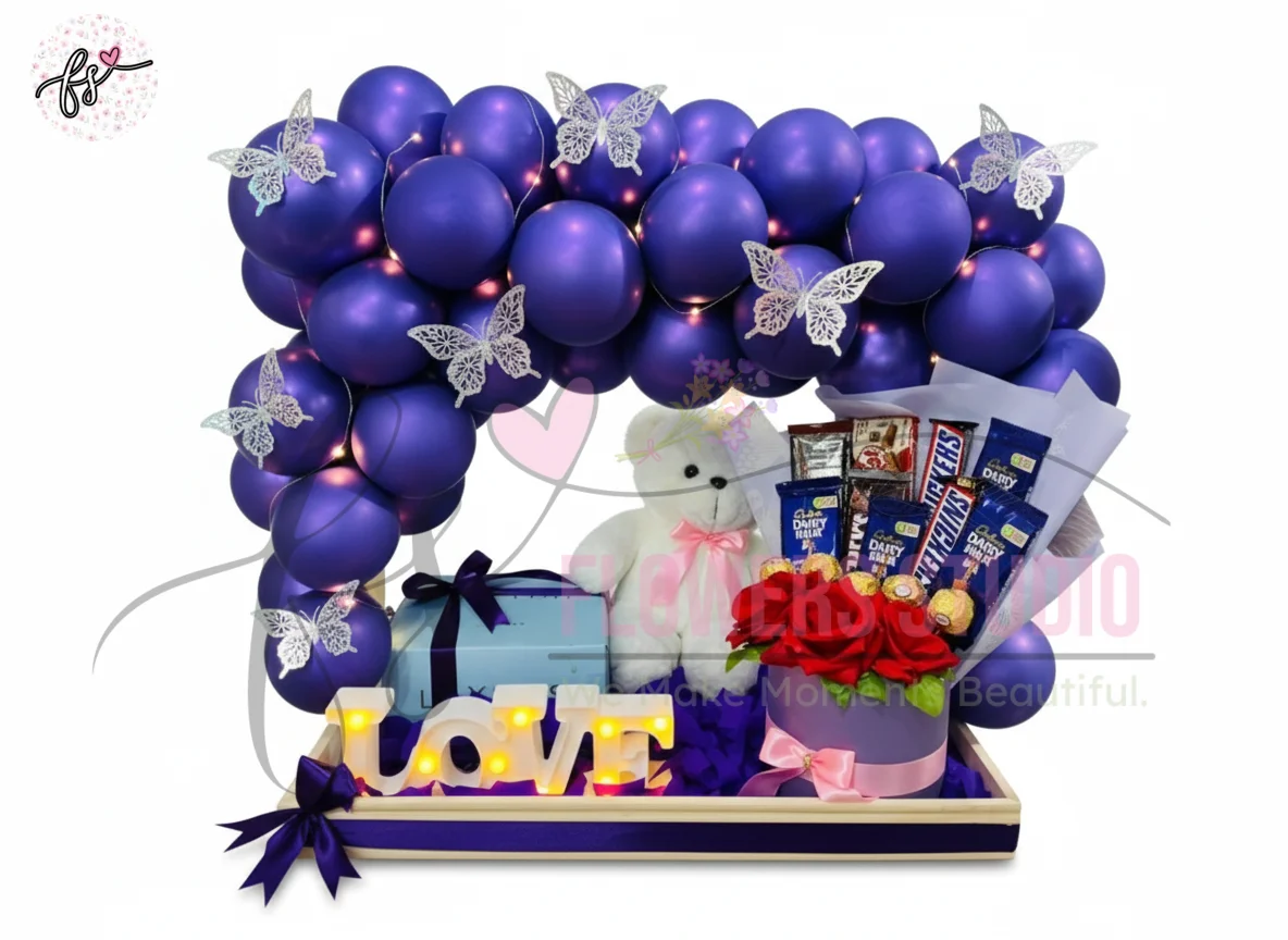valentine-gift-combo-purple-balloons-flowers-basket-teddy-love-light-milky-malt-cake-faisalabad