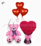 Valentine Special Gift Combo, Heart Shape Bouquet, Pink Teddy, 3 balloons