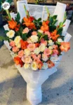 mixed-flower-bouquet-white-pink-roses-orange-gladiolus-faisalabad