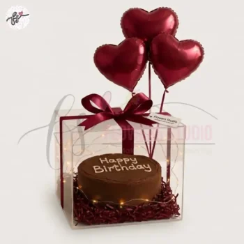 Birthday Cake Red Acrylic Box Gift – Fairy Lights & Heart Balloons