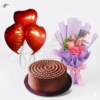 Pink Flowers Bouquet with Cake & Heart Balloons Combo