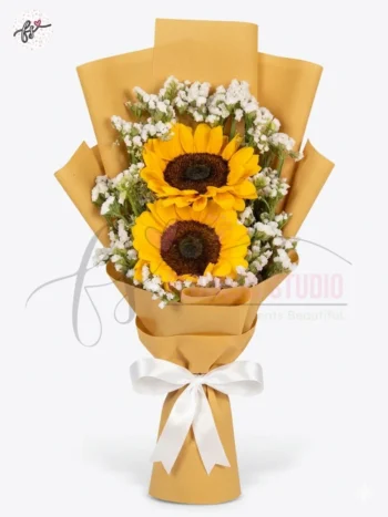 Mini Sunflower Bouquet with Statice – Yellow Wrap