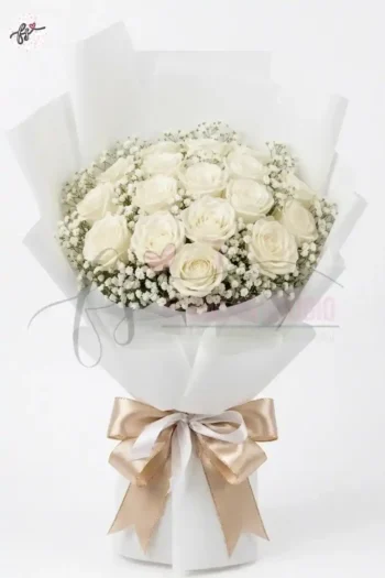 White Roses & Statice Stylish Bouquet – Elegant White Wrap