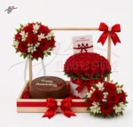 Red Roses Gift Basket with Cake and Floral Arrangement