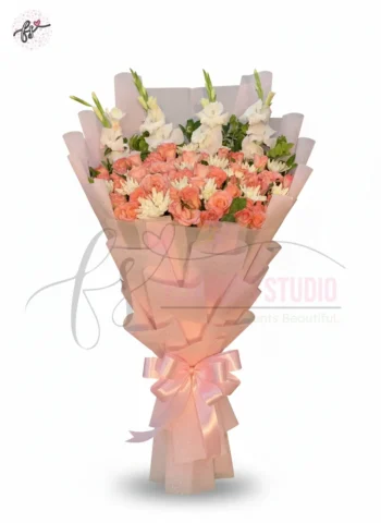 Pink Roses & White Gladiolus Bouquet