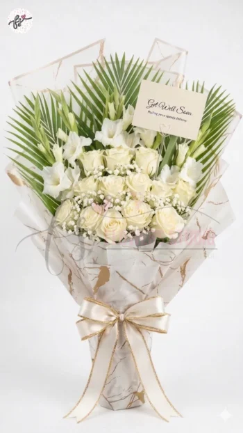 Get Well Soon White Roses & Gladiolus Bouquet