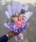 small-pink-rose-gift-bouquet-trendy-purple-wrapping