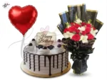 Red & White Flowers Bouquet with Cake & Heart Balloon Combo