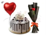 Single Rose Bouquet with Cake & Heart Balloon Combo