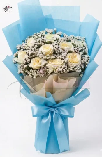 White Roses & Statice Bouquet – Sky Blue Wrapping
