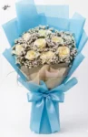 White Roses & Statice Bouquet – Sky Blue Wrapping