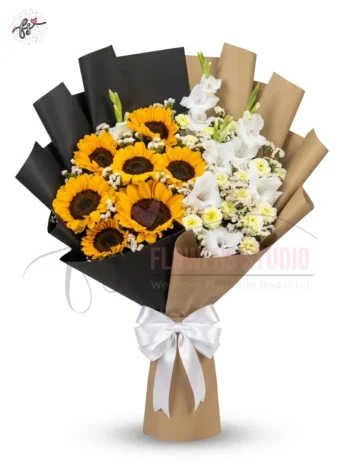 Sunflower Mixed Flower Bouquet with Gladiolus, Chrysanthemums & Sea Lavender