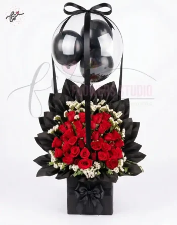 Luxury Red Roses Balloons Bucket – Black Theme Surprise Gift