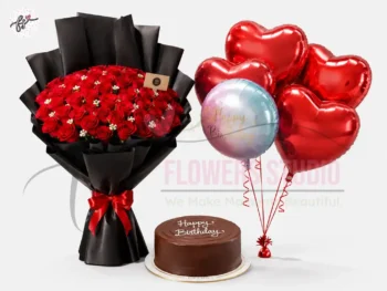 Birthday Flowers, Cake & Balloons Combo